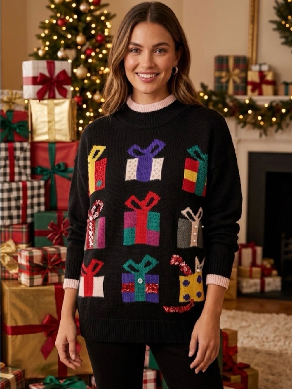 Vintage Bianca Sport Gift-Print Crewneck Sweater with Multicolor Presents